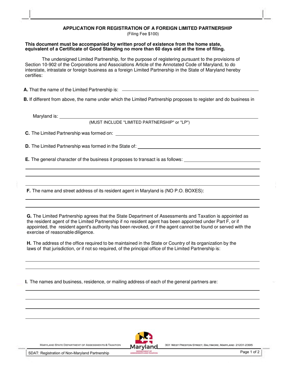 Application for Registration of a Foreign Limited Partnership - Maryland, Page 1
