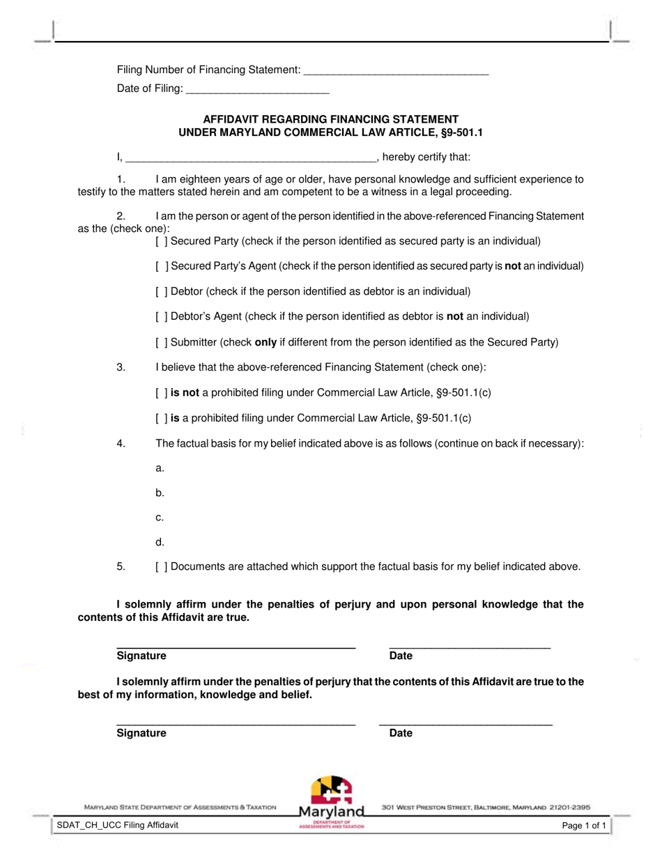 Affidavit Regarding Financing Statement Under Maryland Commercial Law Article, 9-501.1 - Maryland, Page 1