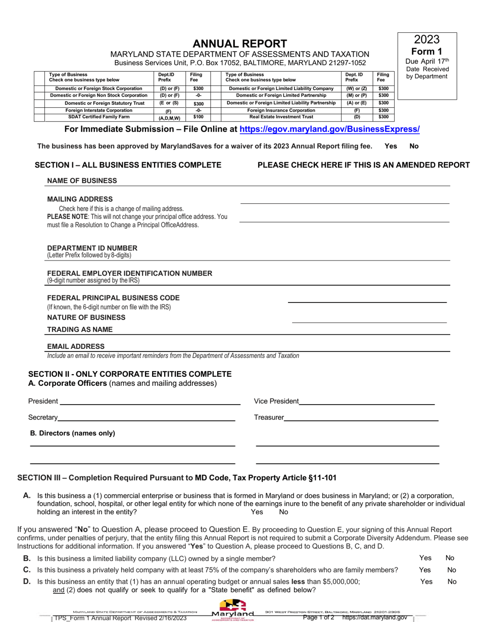 Form 1 Annual Report - Maryland, Page 1