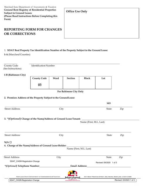 Reporting Form for Changes or Corrections - Maryland Download Pdf