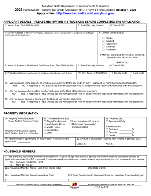 Form HTC-1 Homeowners' Property Tax Credit Application - Maryland, 2023