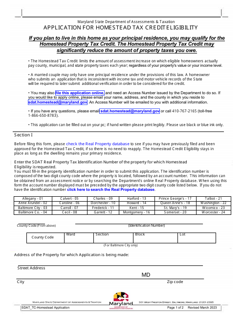 Application for Homestead Tax Crediteligibility - Maryland Download Pdf