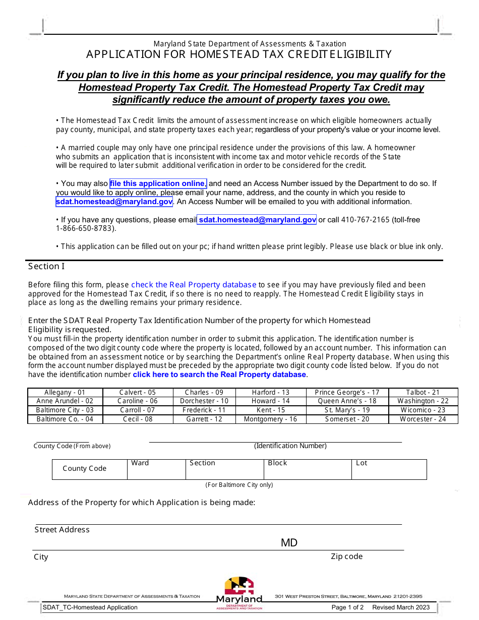 Application for Homestead Tax Crediteligibility - Maryland, Page 1
