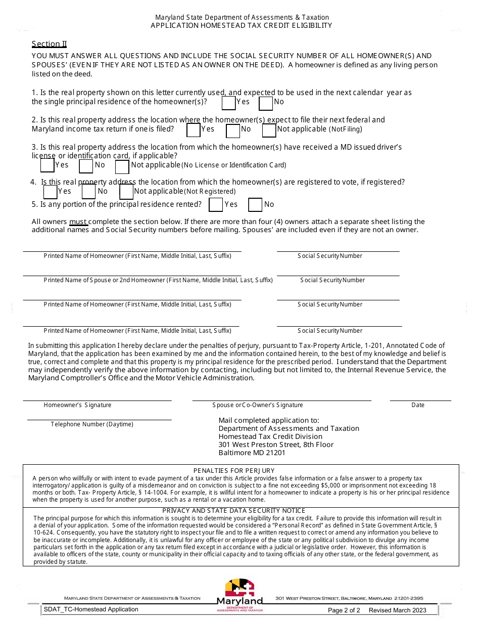 Application for Homestead Tax Crediteligibility - Maryland, Page 2