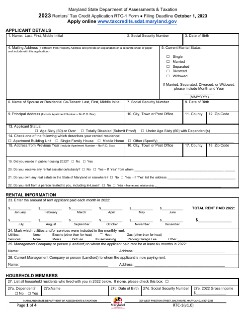 Form RTC-1 Renters' Tax Credit Application - Maryland, 2023