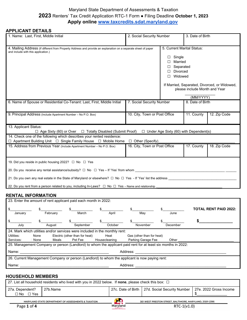 Form RTC-1 Renters Tax Credit Application - Maryland, Page 1
