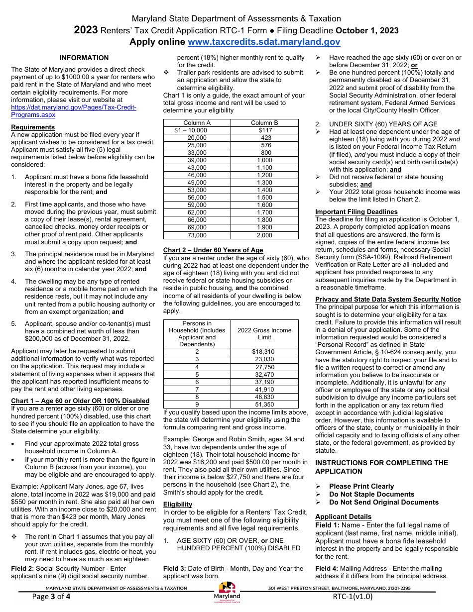Form RTC-1 Renters Tax Credit Application - Maryland, Page 3