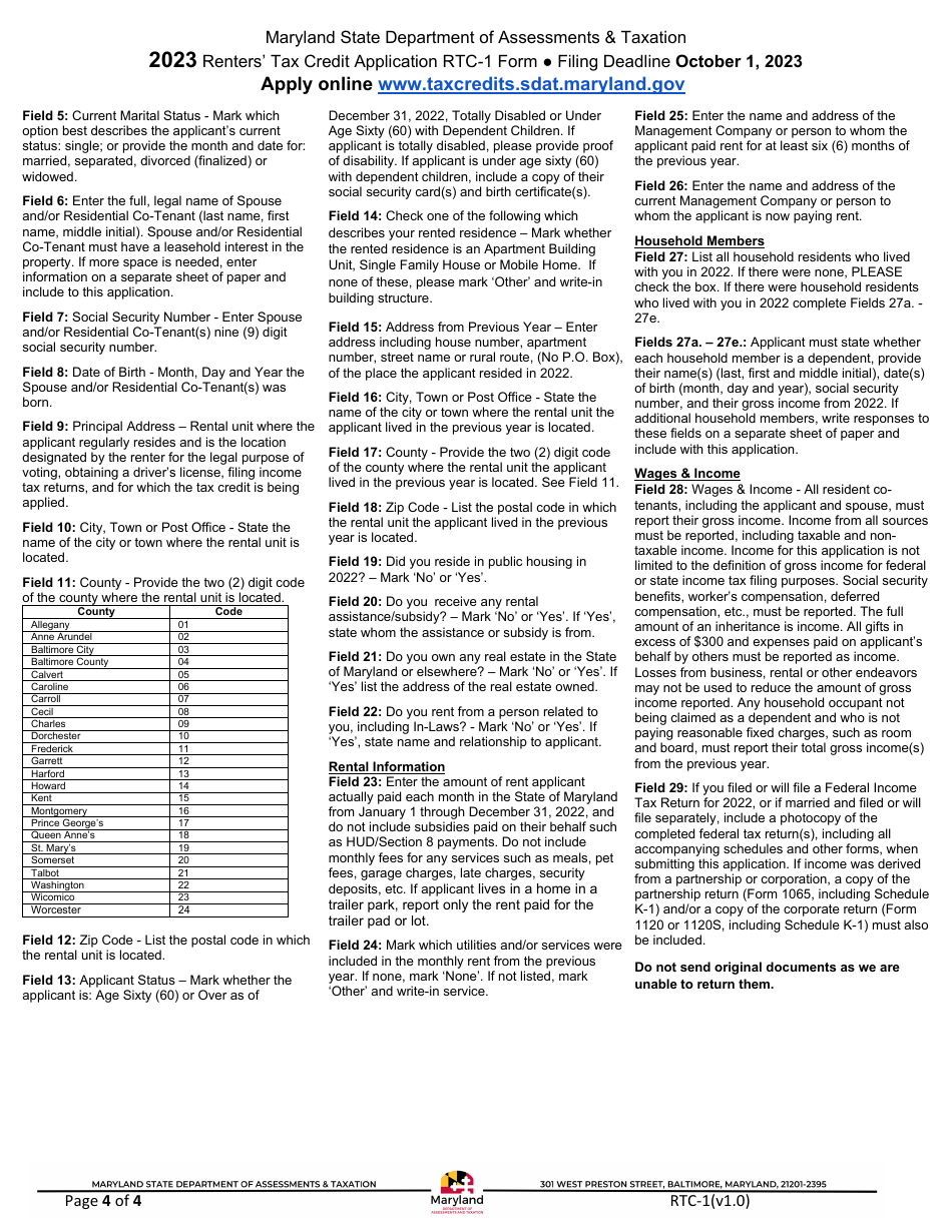 Form RTC-1 Renters Tax Credit Application - Maryland, Page 4