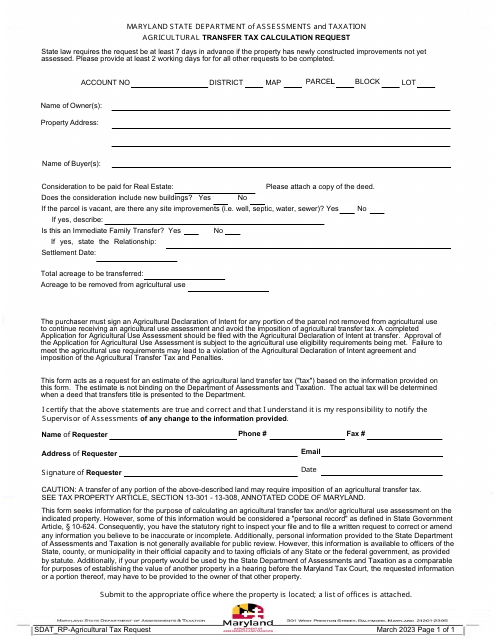 Agricultural Transfer Tax Calculation Request - Maryland Download Pdf