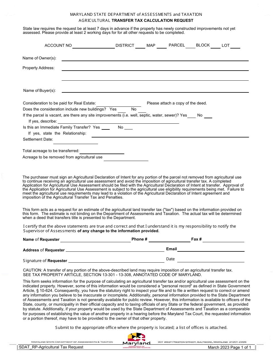 Maryland Agricultural Transfer Tax Calculation Request Download