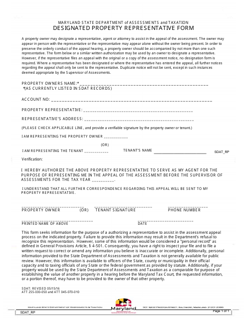 Designated Property Representative Form - Maryland Download Pdf