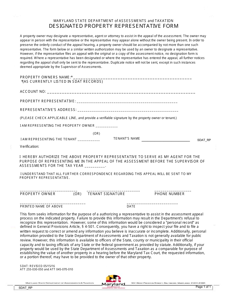 Designated Property Representative Form - Maryland, Page 1
