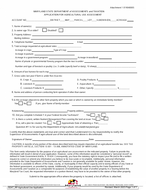 Attachment 1 Application for Agricultural Use Assessment - Maryland