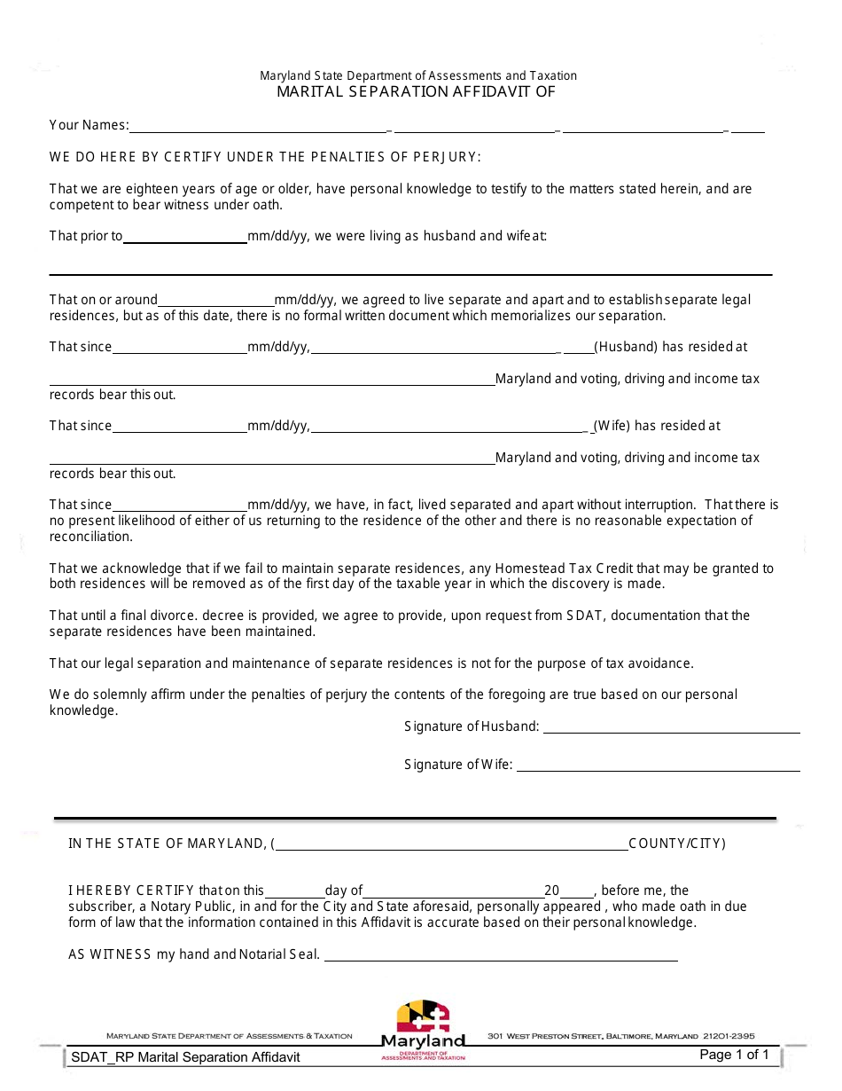 Marital Separation Affidavit - Maryland, Page 1