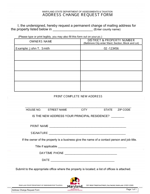 Address Change Request Form - Maryland Download Pdf