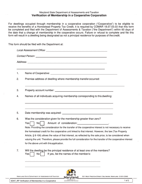 Form SDAT_RP Verification of Membership in a Cooperative Corporation - Maryland