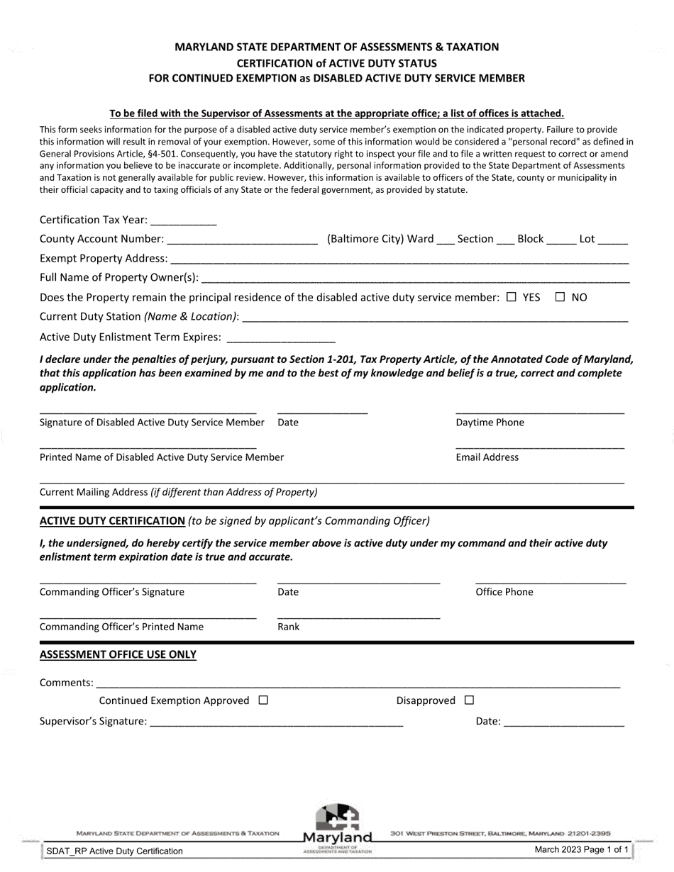 Form SDAT_RP Certification of Active Duty Status for Continued Exemption as Disabled Active Duty Service Member - Maryland, Page 1