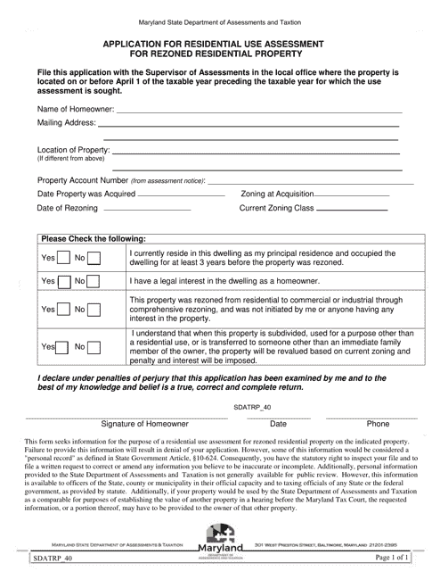 Form SDATRP_40 Application for Residential Use Assessment for Rezoned Residential Property - Maryland