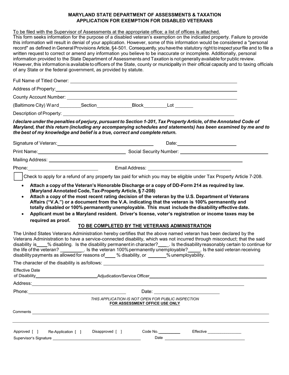 Form SDATRP_EX-4A Application for Exemption for Disabled Veterans - Maryland, Page 1