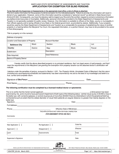 Form SDATRP_EX-5A Application for Exemption for Blind Persons - Maryland