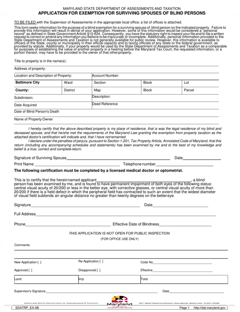 Form SDATRP_EX-5B Application for Exemption for Surviving Spouses of Blind Persons - Maryland