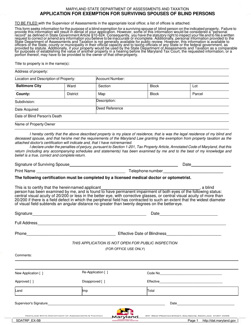 Form SDATRP_EX-5B Application for Exemption for Surviving Spouses of Blind Persons - Maryland, Page 1