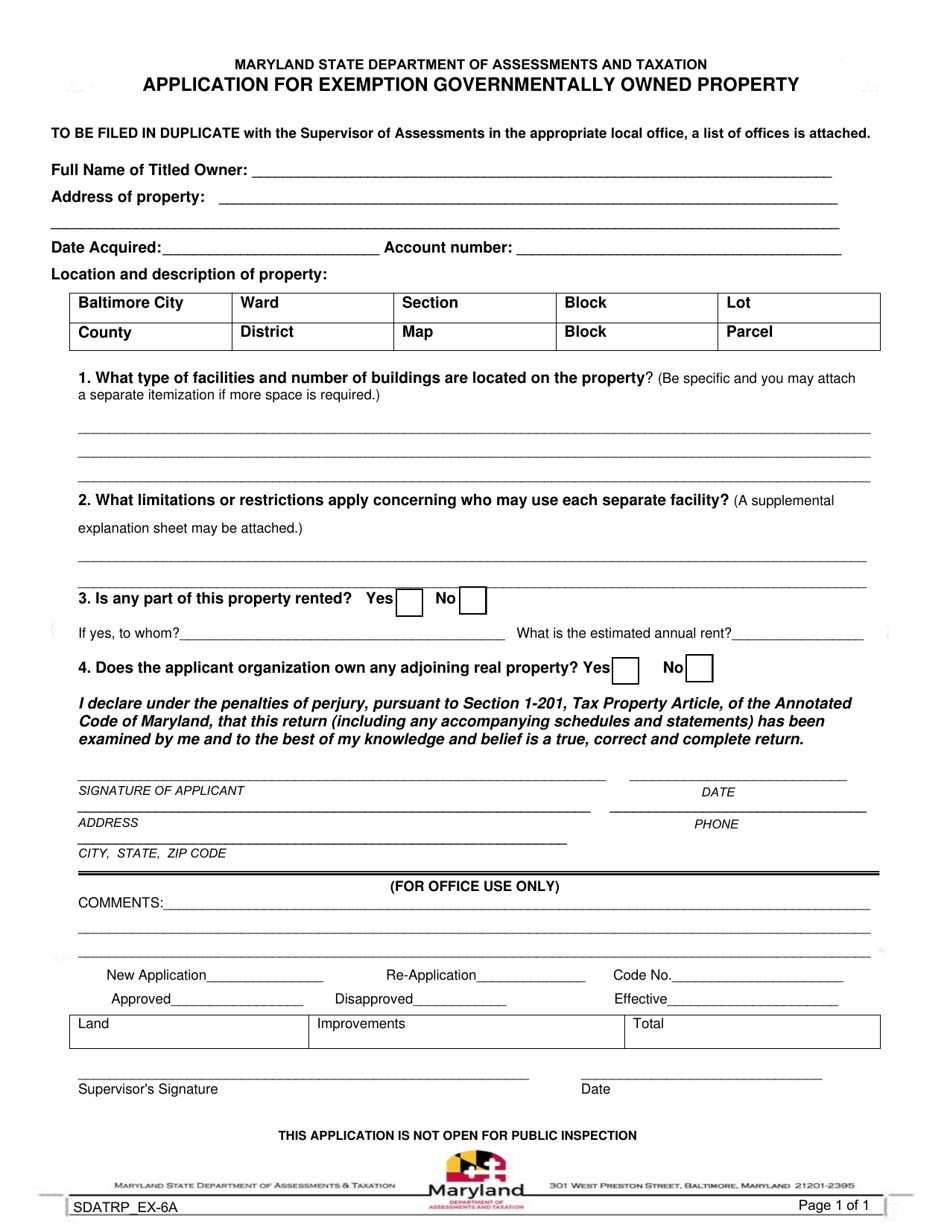 Form SDATRP_EX-6A Application for Exemption Governmentally Owned Property - Maryland, Page 1