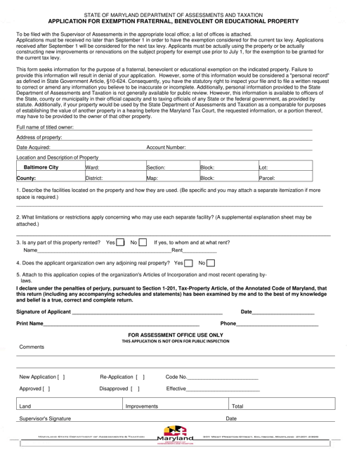 Application for Exemption Fraternal, Benevolent or Educational Property - Maryland