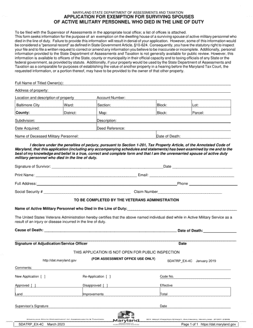 Form SDATRP_EX-4C Application for Exemption for Surviving Spouses of Active Military Personnel Who Died in the Line of Duty - Maryland