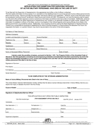 Form SDATRP_EX-4C Application for Exemption for Surviving Spouses of Active Military Personnel Who Died in the Line of Duty - Maryland