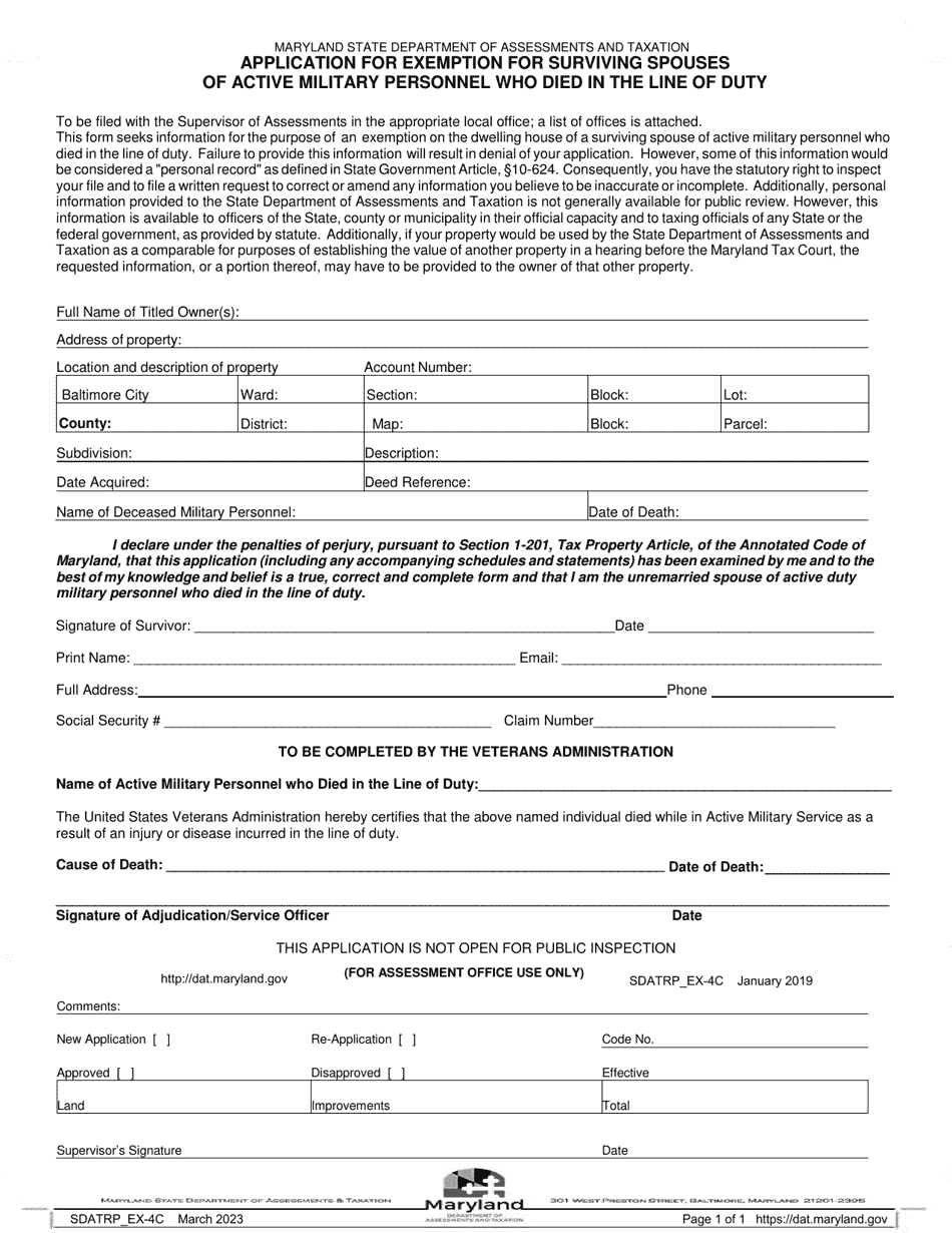 Form SDATRP_EX-4C Application for Exemption for Surviving Spouses of Active Military Personnel Who Died in the Line of Duty - Maryland, Page 1
