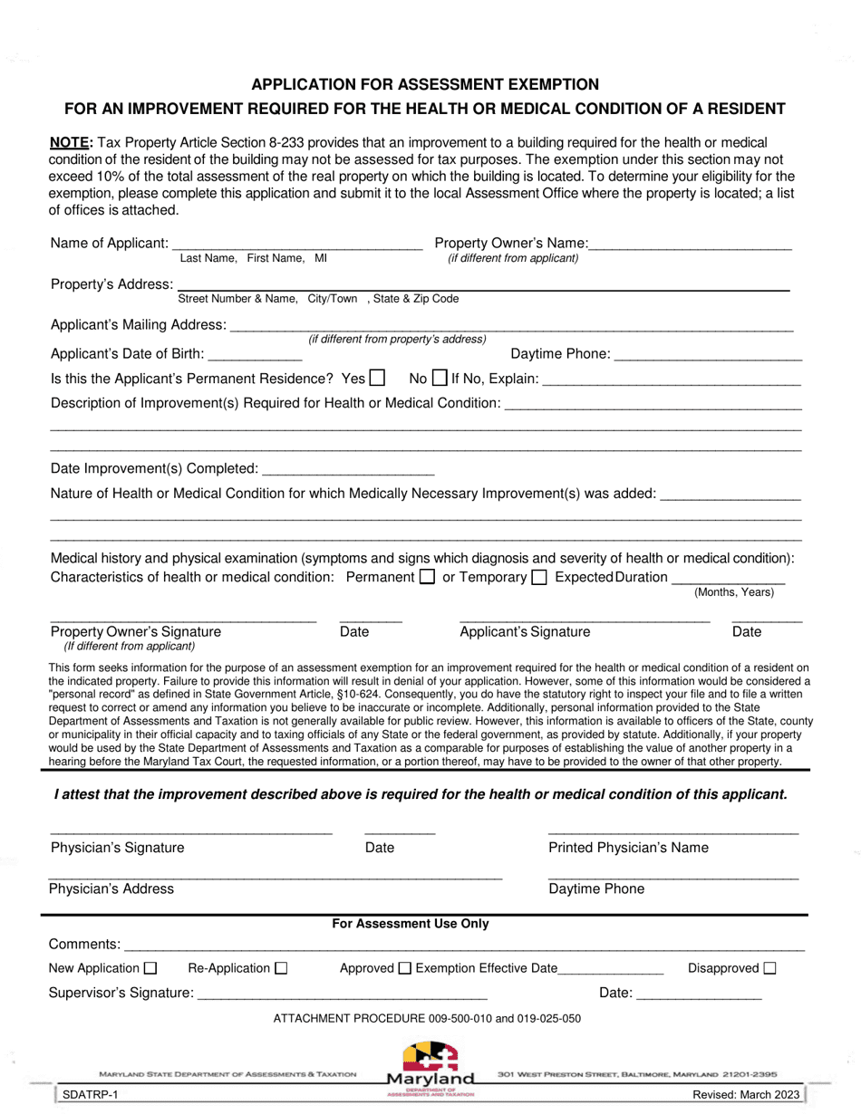 Form SDATRP-1 Application for Assessment Exemption for an Improvement Required for the Health or Medical Condition of a Resident - Maryland, Page 1