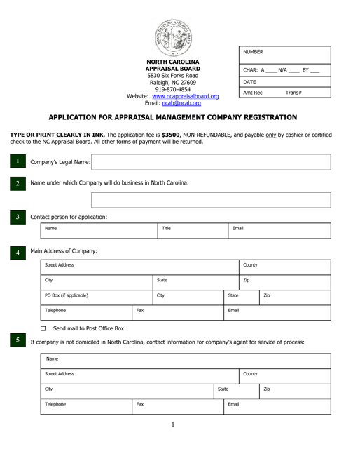 Application for Appraisal Management Company Registration - North Carolina