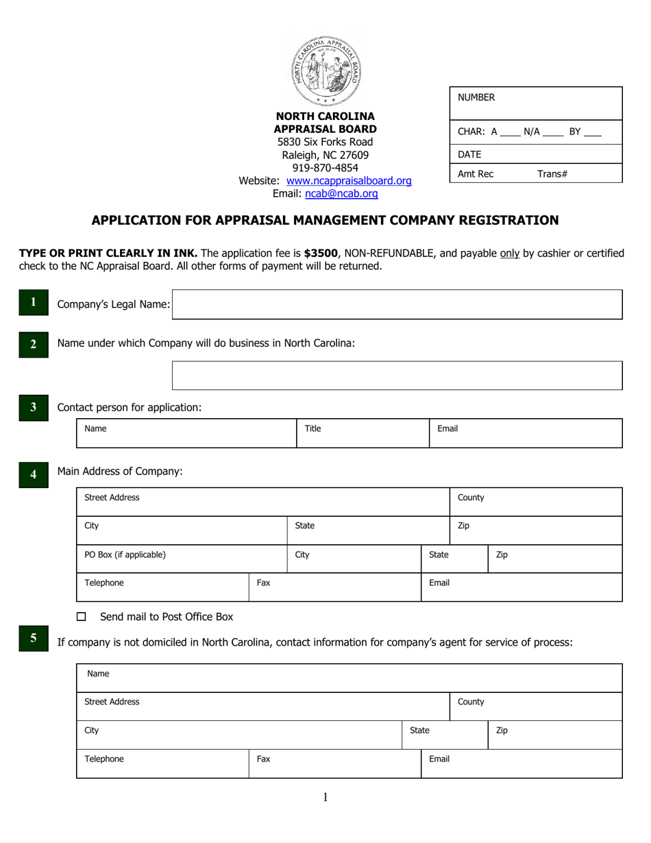 Application for Appraisal Management Company Registration - North Carolina, Page 1