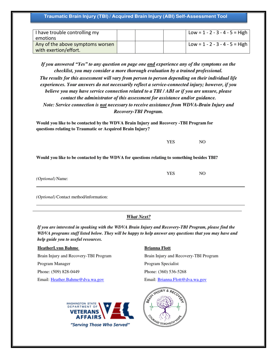 Traumatic Brain Injury (Tbi) / Acquired Brain Injury (Abi) Self-assessment Tool - Washington, Page 3