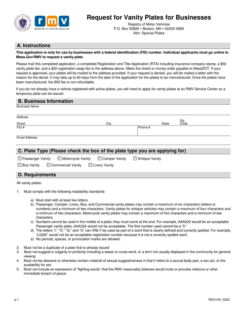 Form REG104 Request for Vanity Plates for Businesses - Massachusetts