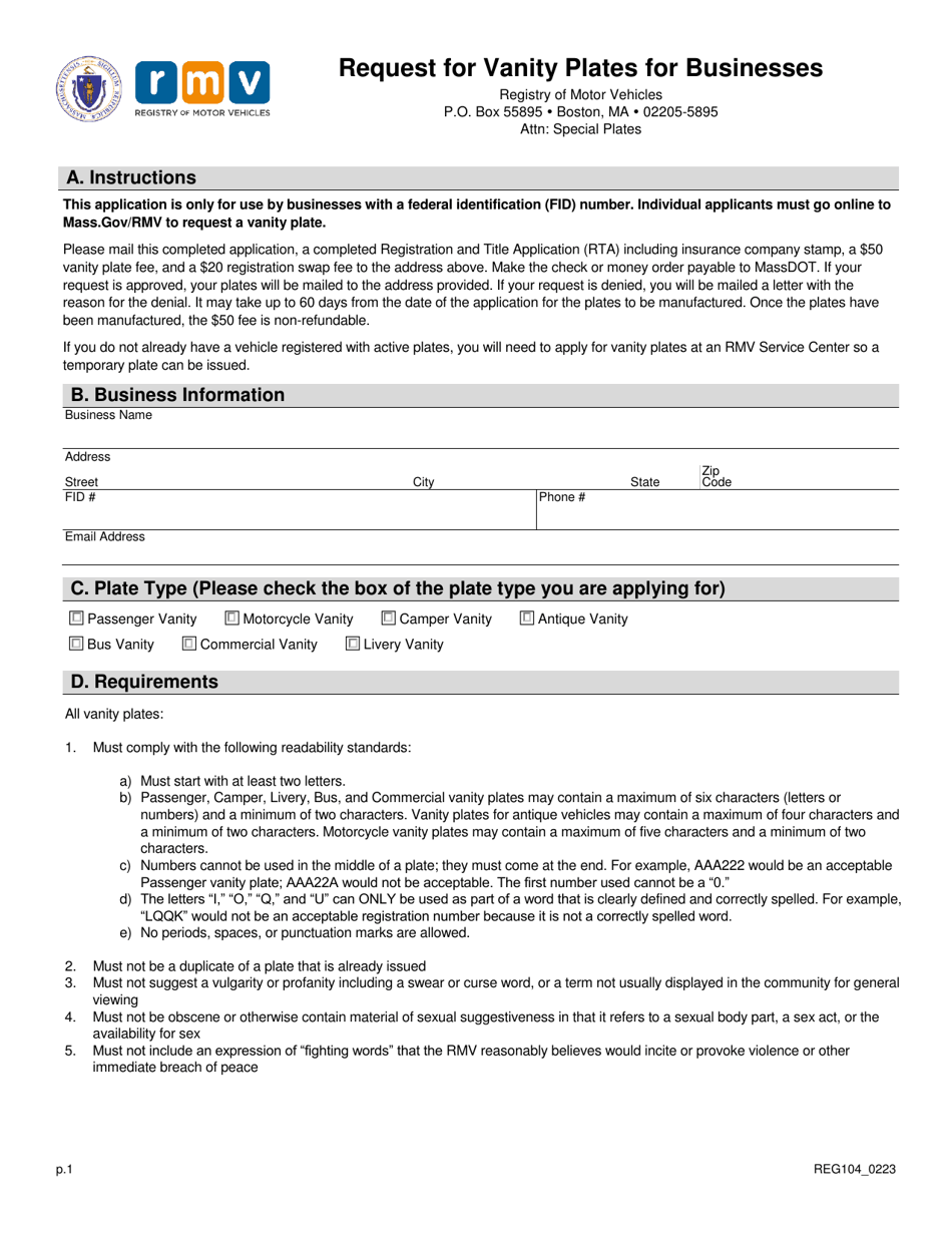 Form REG104 Download Fillable PDF or Fill Online Request for Vanity