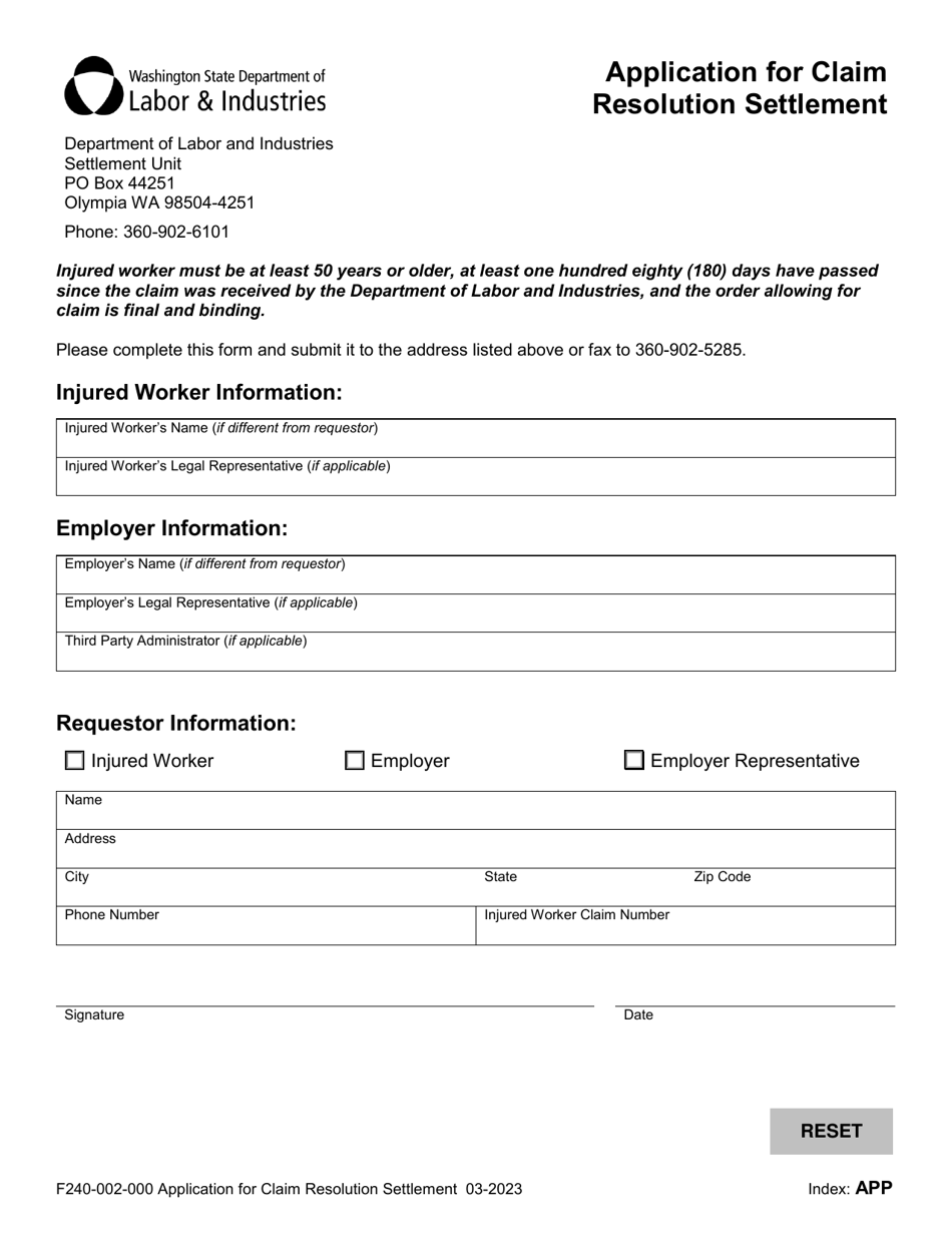 Form F240-002-000 Application for Claim Resolution Settlement - Washington, Page 1