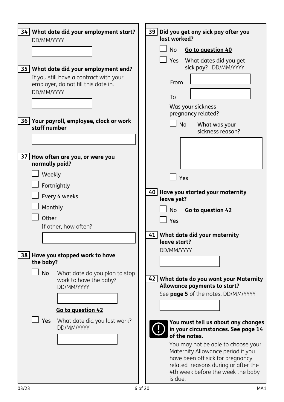 Form MA1 Maternity Allowance - United Kingdom, Page 6