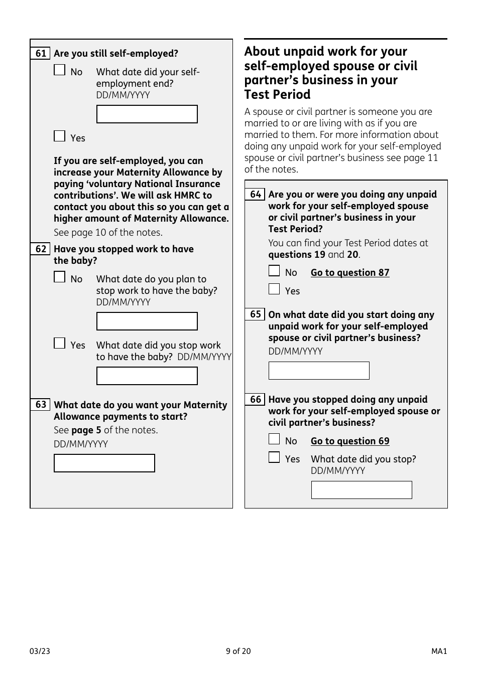 Form MA1 Maternity Allowance - United Kingdom, Page 9