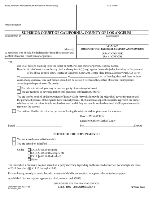 Form ADPT004 Citation Freedom From Parental Custody and Control (Abandonment) (Re: Adoption) - County of Los Angeles, California