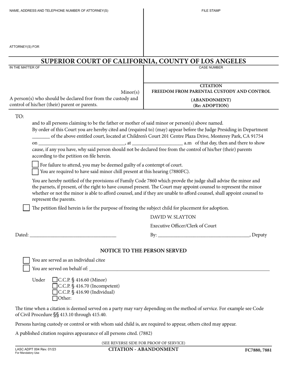 Form ADPT004 Citation Freedom From Parental Custody and Control (Abandonment) (Re: Adoption) - County of Los Angeles, California, Page 1