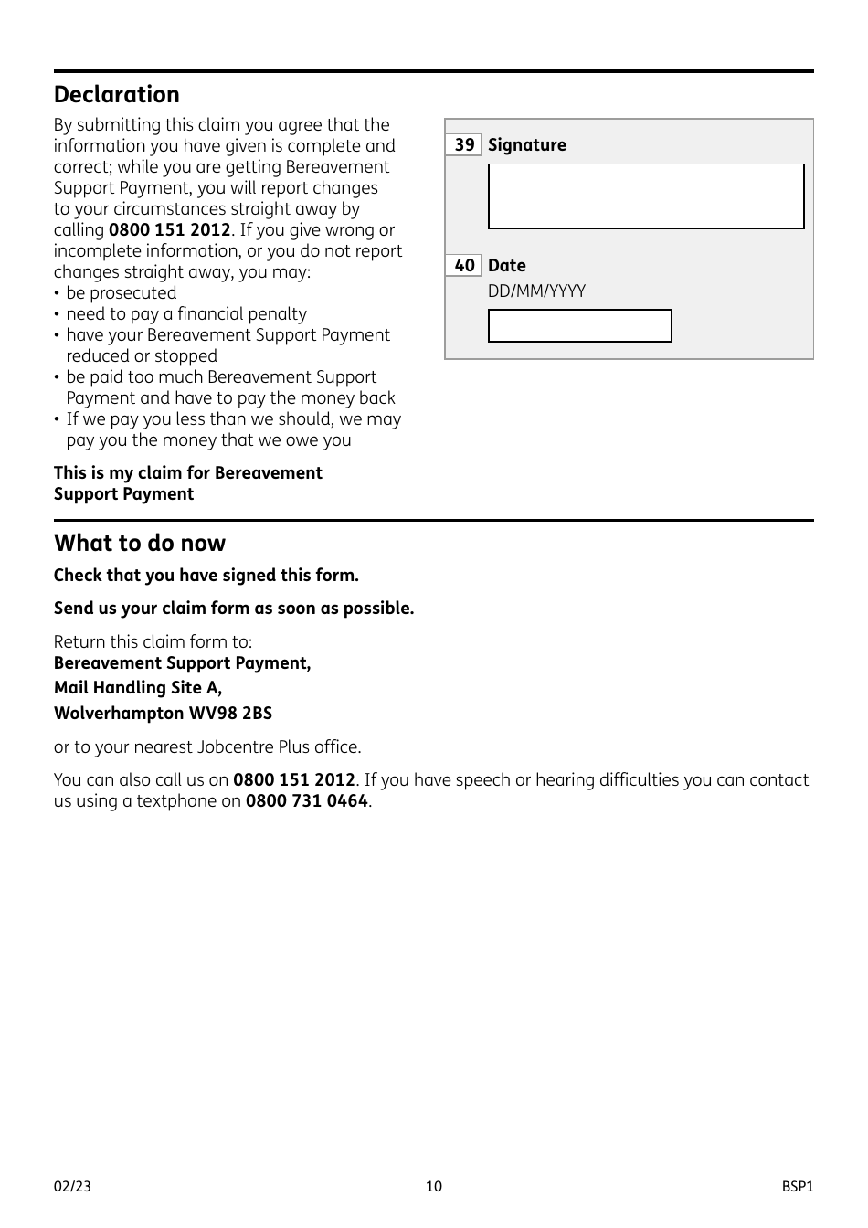 Form BSP1 Bereavement Support Payment Claim Form - United Kingdom, Page 10