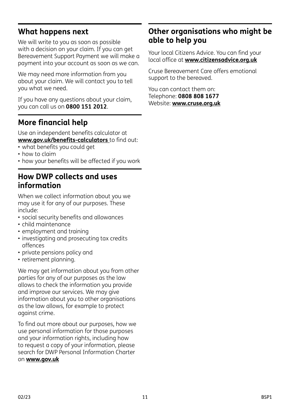Form BSP1 Bereavement Support Payment Claim Form - United Kingdom, Page 11