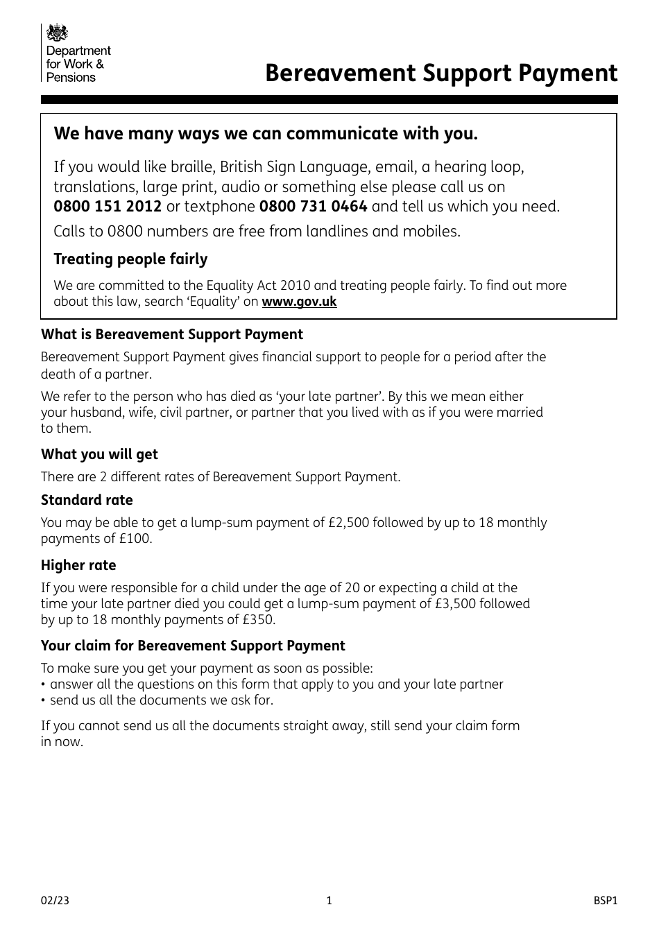 Form BSP1 Bereavement Support Payment Claim Form - United Kingdom, Page 1