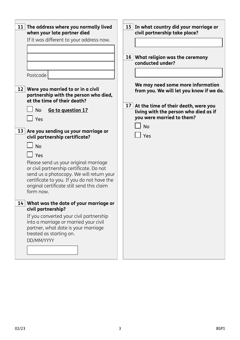 Form BSP1 Bereavement Support Payment Claim Form - United Kingdom, Page 3