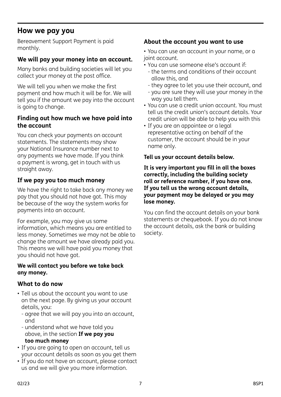 Form BSP1 Bereavement Support Payment Claim Form - United Kingdom, Page 7