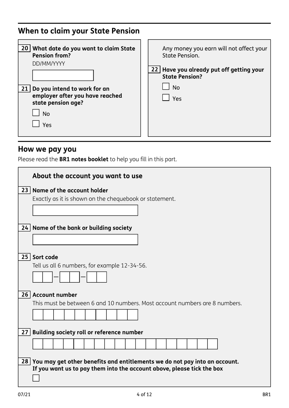 Form BR1 State Pension Claim Form - United Kingdom, Page 4