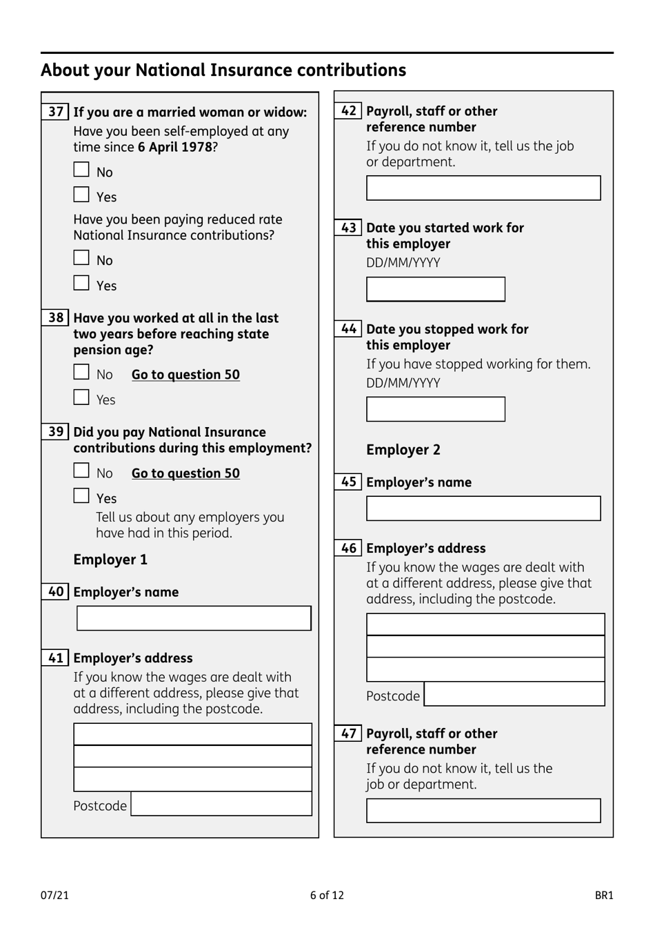 Form BR1 State Pension Claim Form - United Kingdom, Page 6