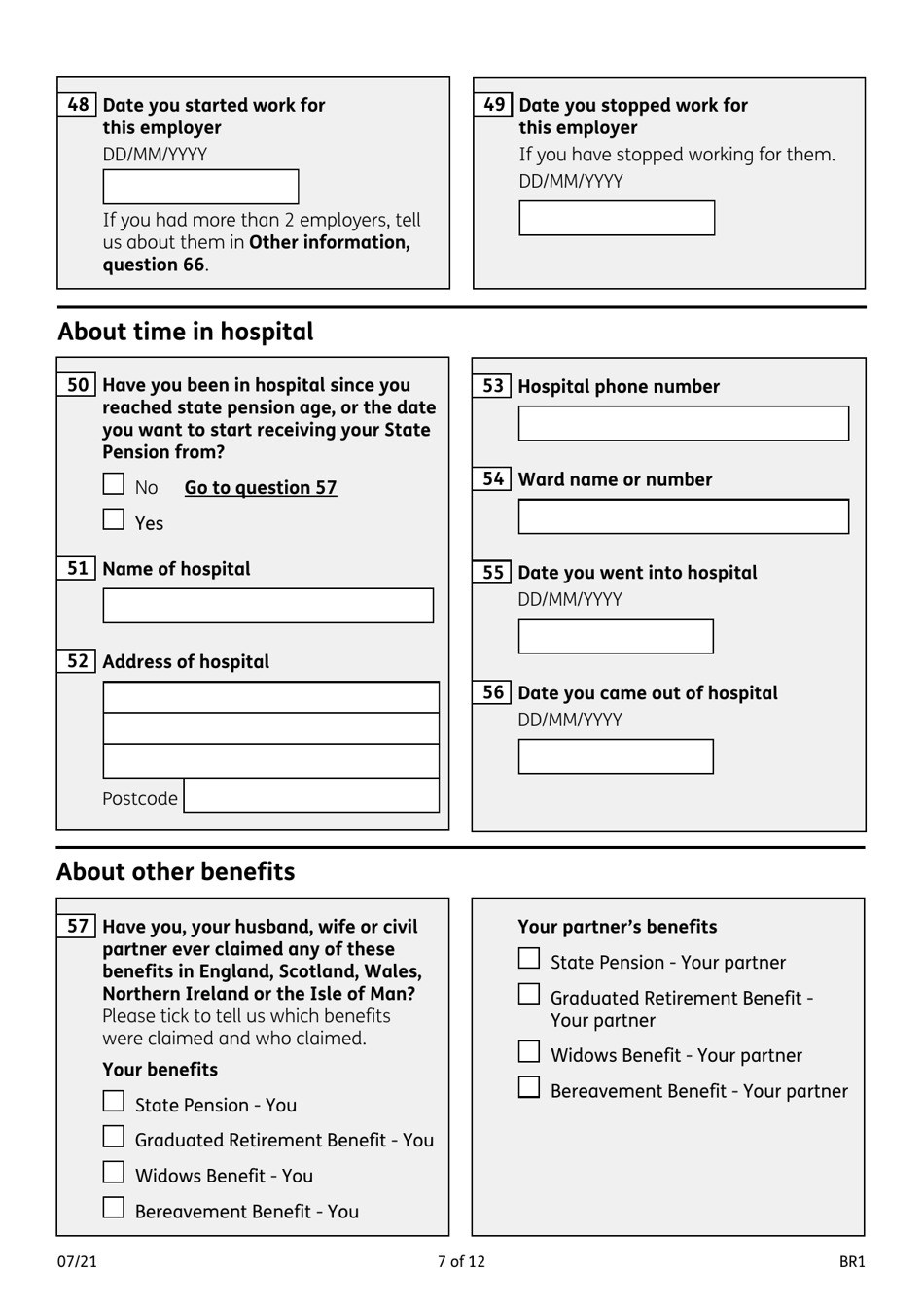 Form BR1 State Pension Claim Form - United Kingdom, Page 7